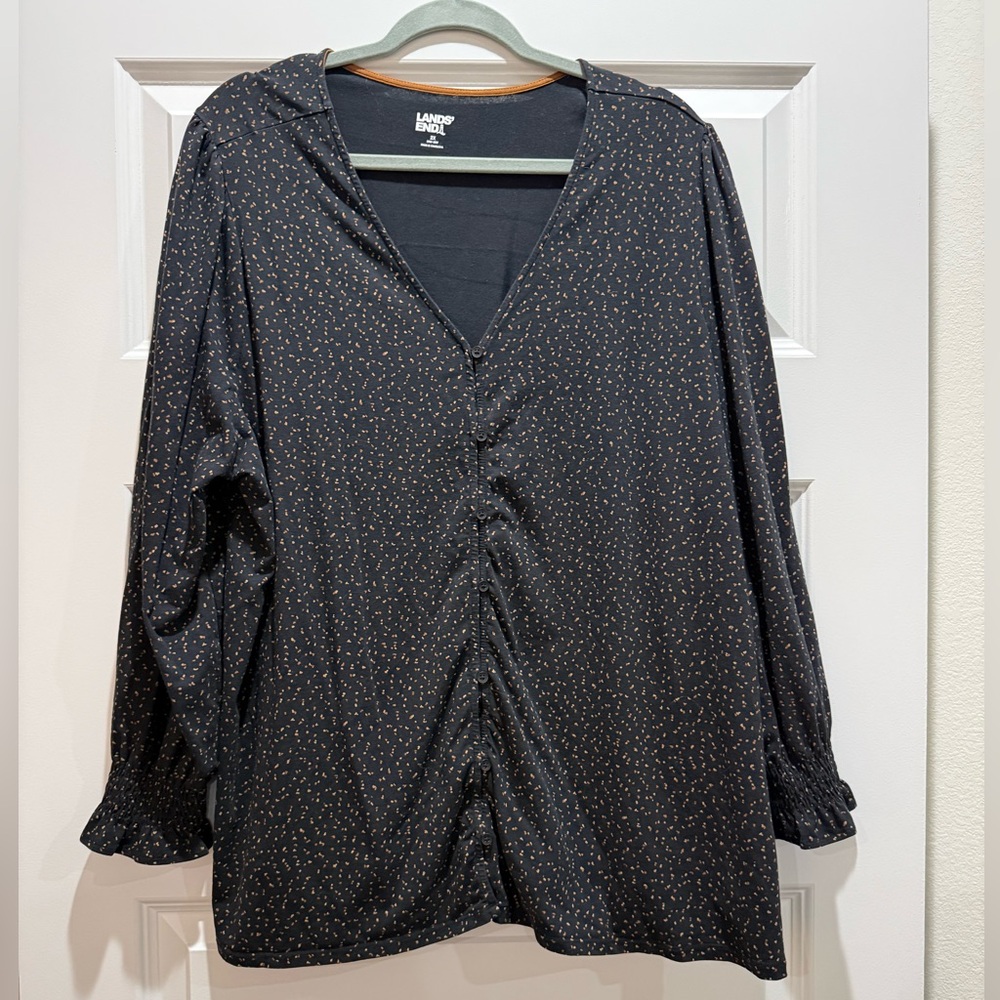 Lands' End Black V-Neck Blouse with Rust Dot Trim